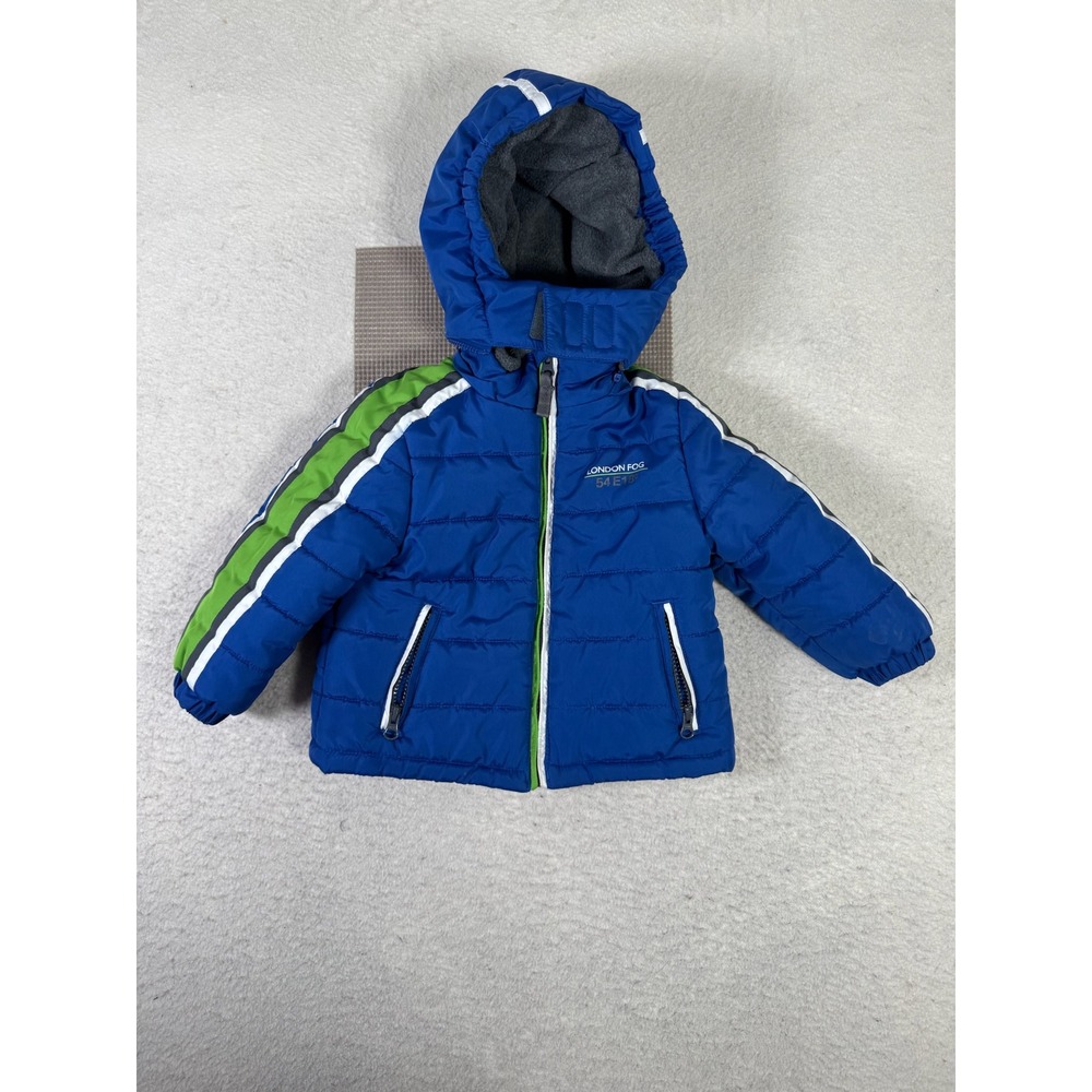 London Fog Puffer Jacket Toddler Boys 2T Blue Green Excellent Hooded Striped